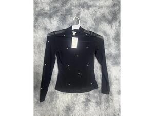 A new day Black Long Sleeve Sheer Top with Pearl Embellishments
